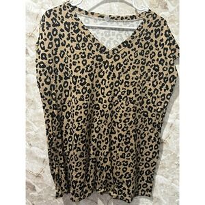 Leopard Print V-Neck Top with‎ Pocket Casual Everyday XL
